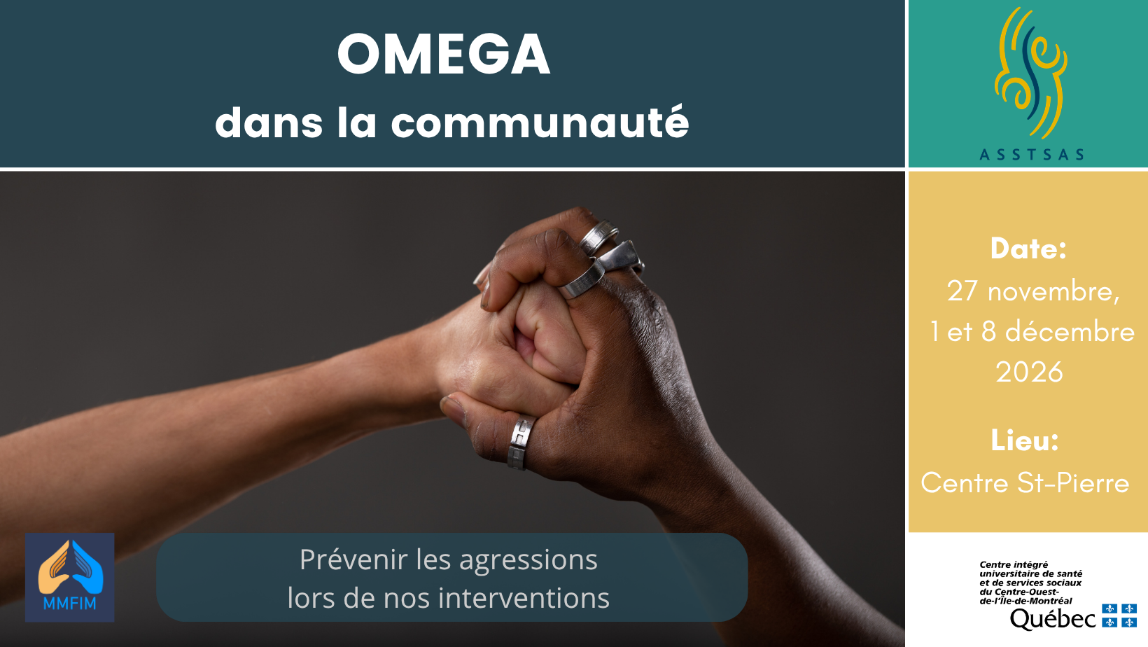 Event banner: two people fist-bumping to symbolize unity, with 'Omega dans la communauté' and event details.