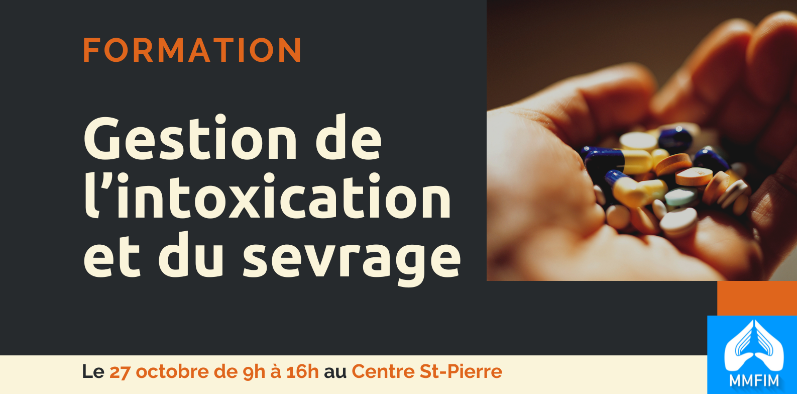 Affiche de formation : Gestion de l’intoxication et du sevrage, texte clair sur fond gris et image de pilules à droite pour clarifier le sujet.